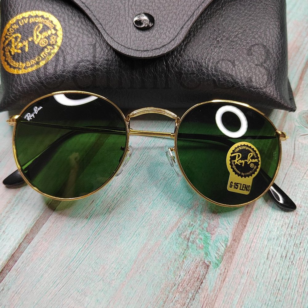New Ray-Ban Round Metal Classic 3447 Authentic Dark green lenses with gold frame